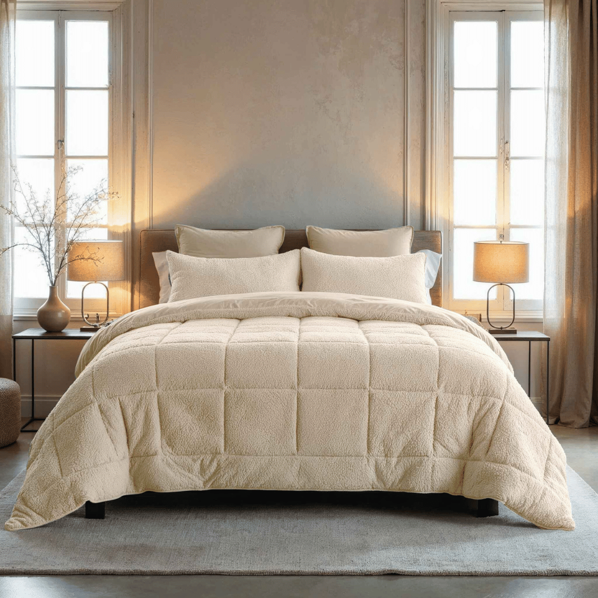 Het bed is netjes opgemaakt met het Zelesta Teddybed - Crème dekbed en vier kussens. Twee hoge ramen, nachtkastjes met lampjes en een vaas met takken creëren een warme en uitnodigende slaapkamer sfeer.