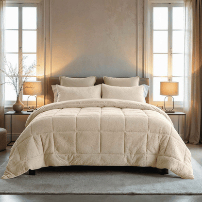 Het bed is netjes opgemaakt met het Zelesta Teddybed - Crème dekbed en vier kussens. Twee hoge ramen, nachtkastjes met lampjes en een vaas met takken creëren een warme en uitnodigende slaapkamer sfeer.