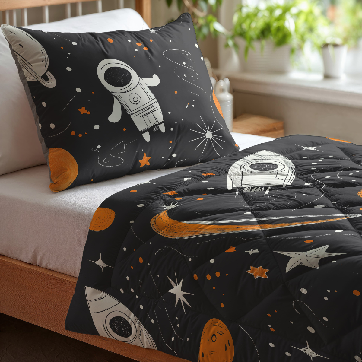 Het Zelesta Kiddybed Katoen - Space Man is een wasbaar kinderdekbed met anti-allergisch beddengoed, met astronauten, raketten, planeten en sterren in zwart, oranje en wit - ideaal voor kinderkamers met een ruimtethema.