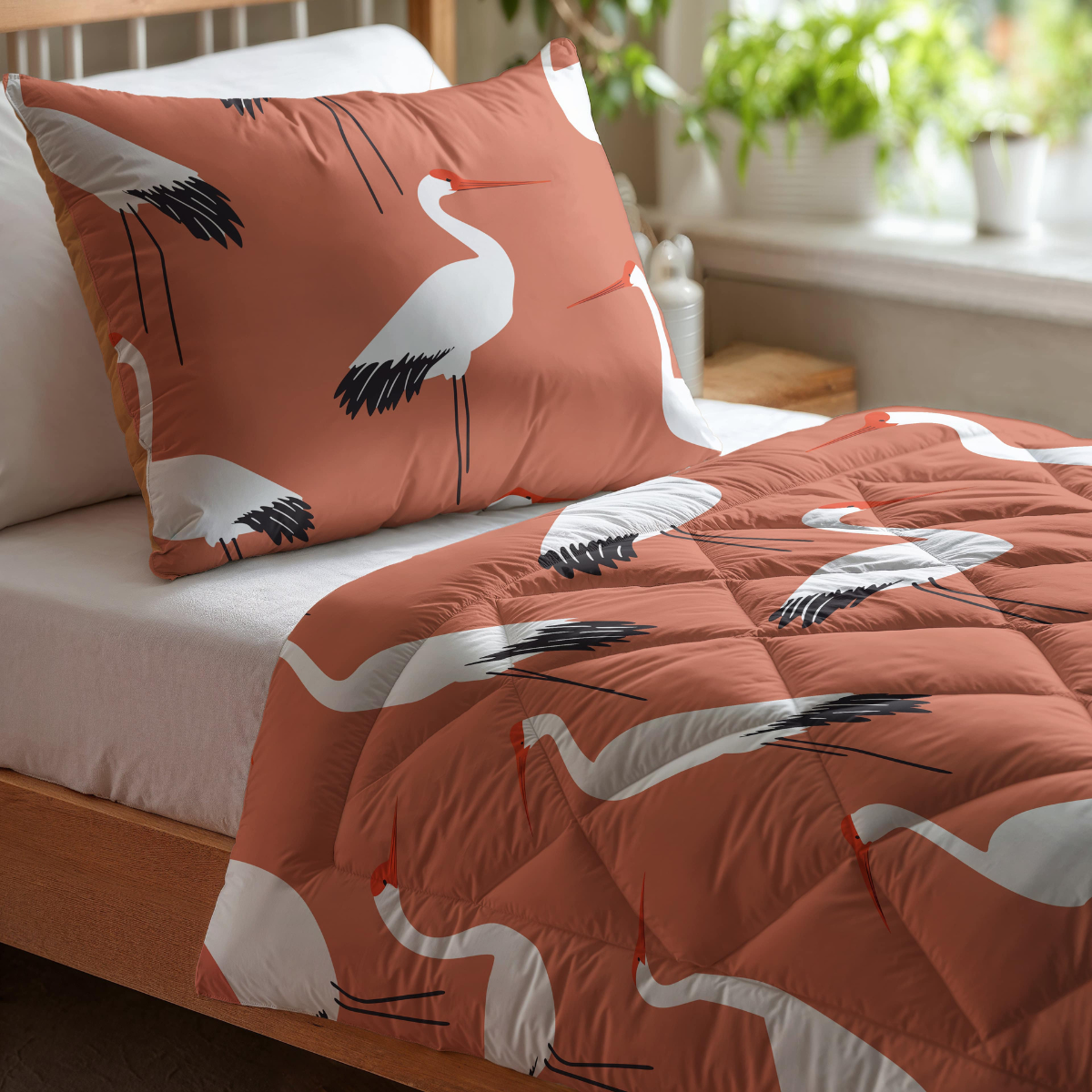 Het Zelesta Kiddybed Katoen - Terra Crane is een hypoallergeen dekbed en kussen met roestkleurige comforter en witte kraanvogels, ideaal voor de kinderslaapkamer bij een raam met potplanten.