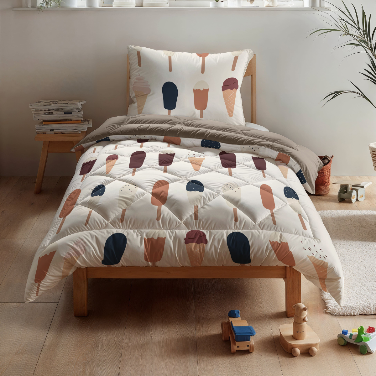 Het Zelesta Kiddybed Katoen - Gelato heeft beddengoed met een ijsco-thema en een anti-allergisch dekbed in een kinderkamer met een houten vloer, overal speelgoed en boeken naast het kleine bed.