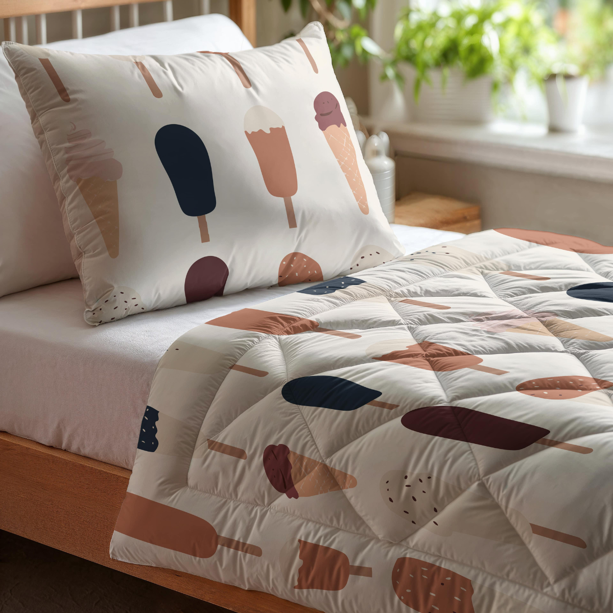 Het Zelesta Kiddybed Katoen - Gelato voegt met zijn ijsjes- en ijslollyprint plezier toe aan elke kamer. Het wasbare ontwerp biedt extra gemak en temperatuurregulatie tijdens het slapen, ideaal naast een raam met groene planten.