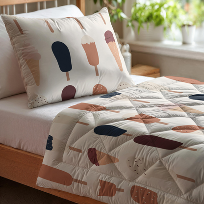 Het Zelesta Kiddybed Katoen - Gelato voegt met zijn ijsjes- en ijslollyprint plezier toe aan elke kamer. Het wasbare ontwerp biedt extra gemak en temperatuurregulatie tijdens het slapen, ideaal naast een raam met groene planten.