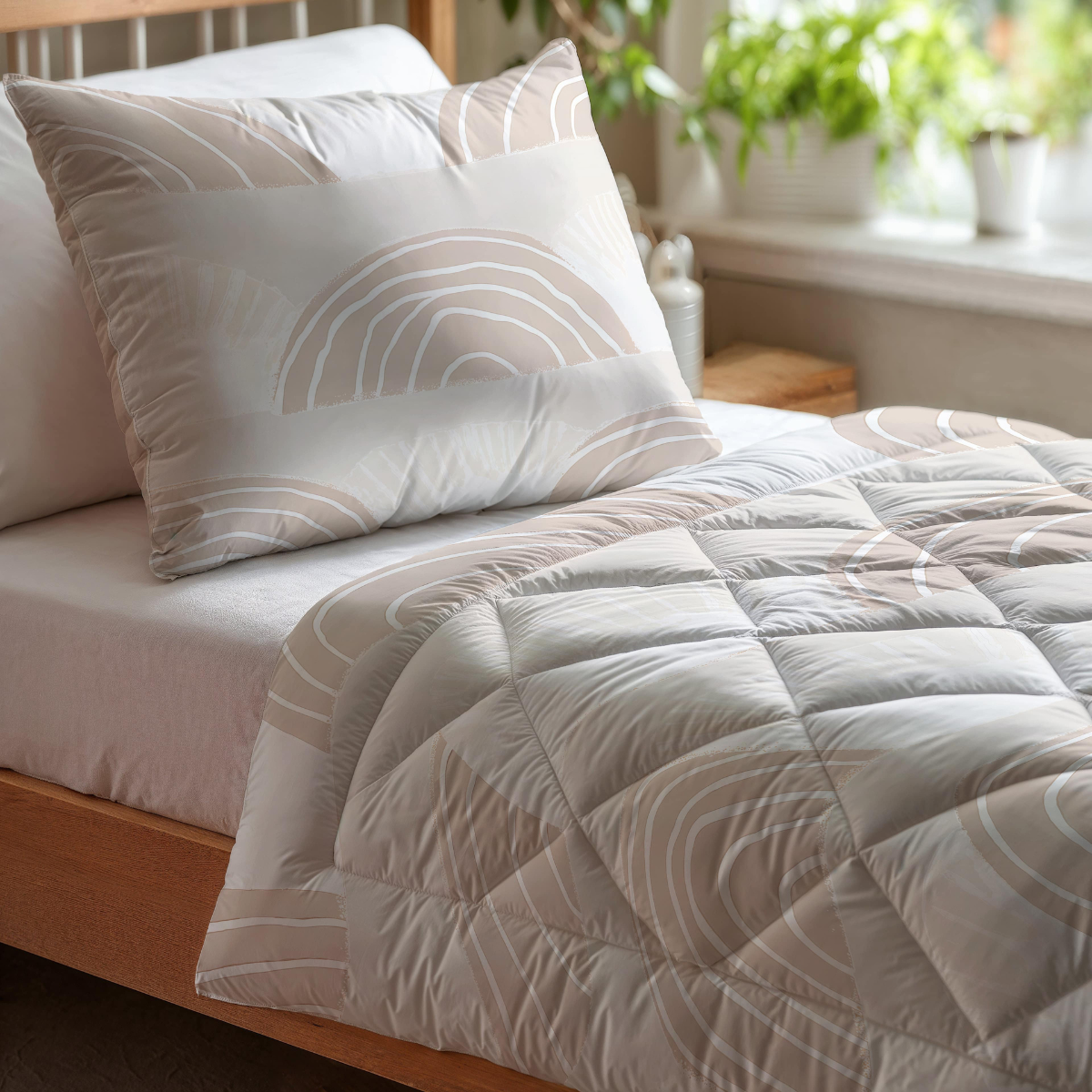 Een netjes opgemaakt bed met een Zelesta Kiddybed Katoen - Dune Dreams dekbed en kussen met lichtbeige cirkelvormige patronen, naast een raam met groene planten in potten - een anti-allergisch dekbed perfect voor elke kinderkamer.