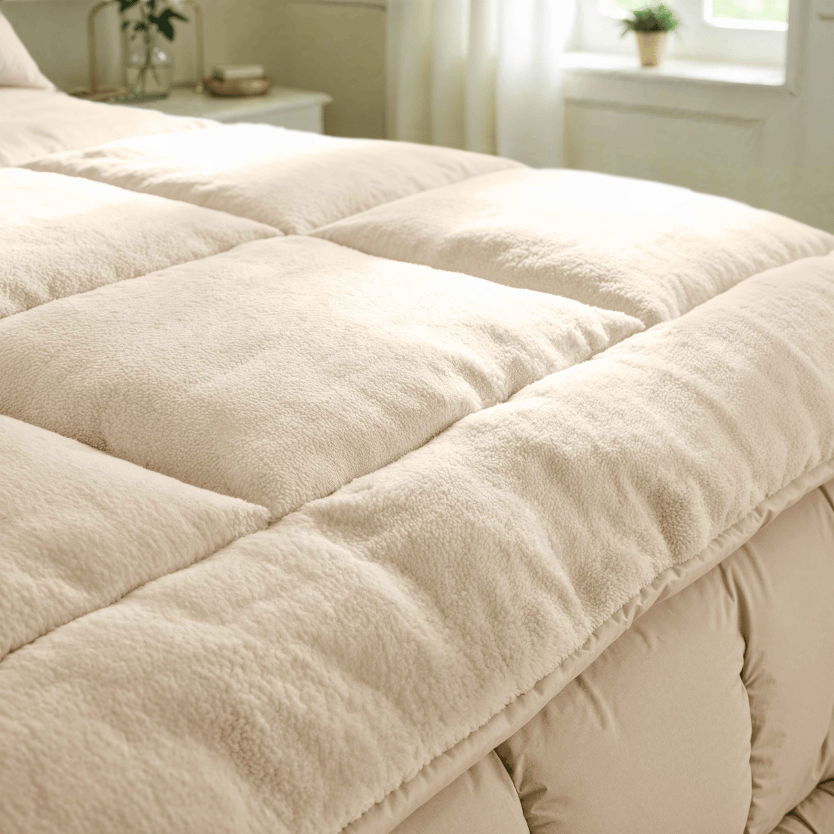 Een close-up van het Zelesta Teddybed - Crème, gemaakt van pluche teddystof, op een netjes opgemaakt bed in een zacht verlichte slaapkamer met een raam, een potplant en een nachtkastje op de achtergrond.