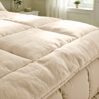 Een close-up van het Zelesta Teddybed - Crème, gemaakt van pluche teddystof, op een netjes opgemaakt bed in een zacht verlichte slaapkamer met een raam, een potplant en een nachtkastje op de achtergrond.