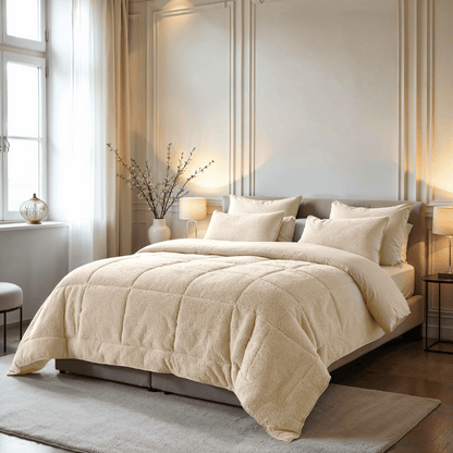 Een netjes opgemaakt bed met het Zelesta Teddybed - Crème met bijpassende kussens in een zacht verlichte, elegante slaapkamer. Op het nachtkastje staan lampjes en een vaas met takken, terwijl grote ramen met transparante gordijnen natuurlijk licht binnenlaten.