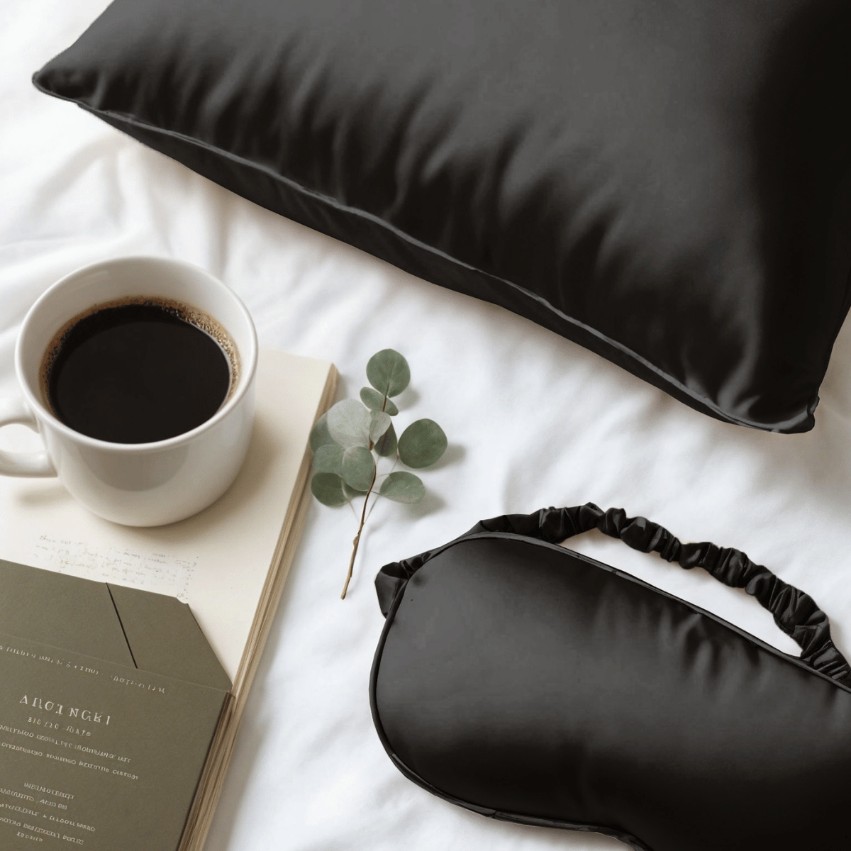 De Zelesta Sleeping Beauty Set - Universal Black, met een zwart Mulberry zijden kussensloop en slaapmasker, is gestyled op een wit bed met koffie en eucalyptus voor een anti-aging ochtendroutine upgrade.
