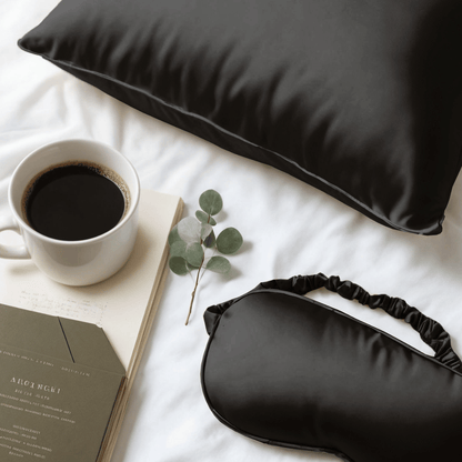 De Zelesta Sleeping Beauty Set - Universal Black, met een zwart Mulberry zijden kussensloop en slaapmasker, is gestyled op een wit bed met koffie en eucalyptus voor een anti-aging ochtendroutine upgrade.