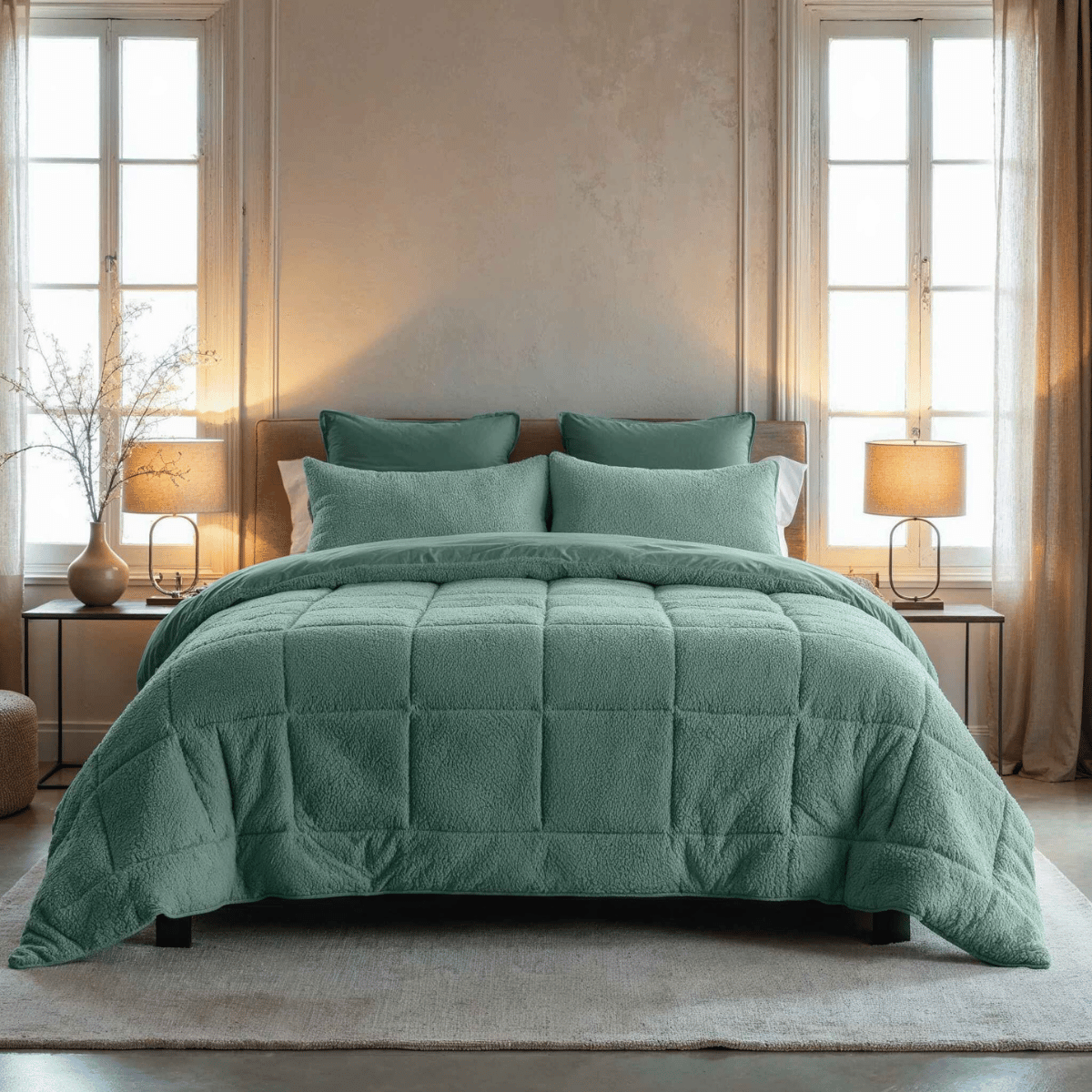 Een netjes opgemaakt bed met het Zelesta Teddybed - Groen en bijpassende kussens, geflankeerd door nachtkastjes met lampen, in een zacht verlichte slaapkamer met hoge ramen.