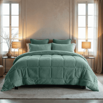 Een netjes opgemaakt bed met het Zelesta Teddybed - Groen en bijpassende kussens, geflankeerd door nachtkastjes met lampen, in een zacht verlichte slaapkamer met hoge ramen.