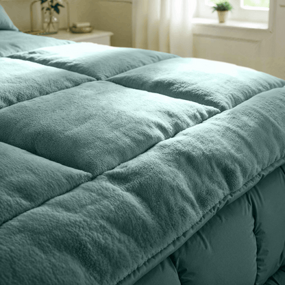 Close-up van het Zelesta Teddybed - Groen, een groenblauw gewatteerd teddystof dekbed, uitgestald op een netjes opgemaakt bed in een zacht verlichte slaapkamer.