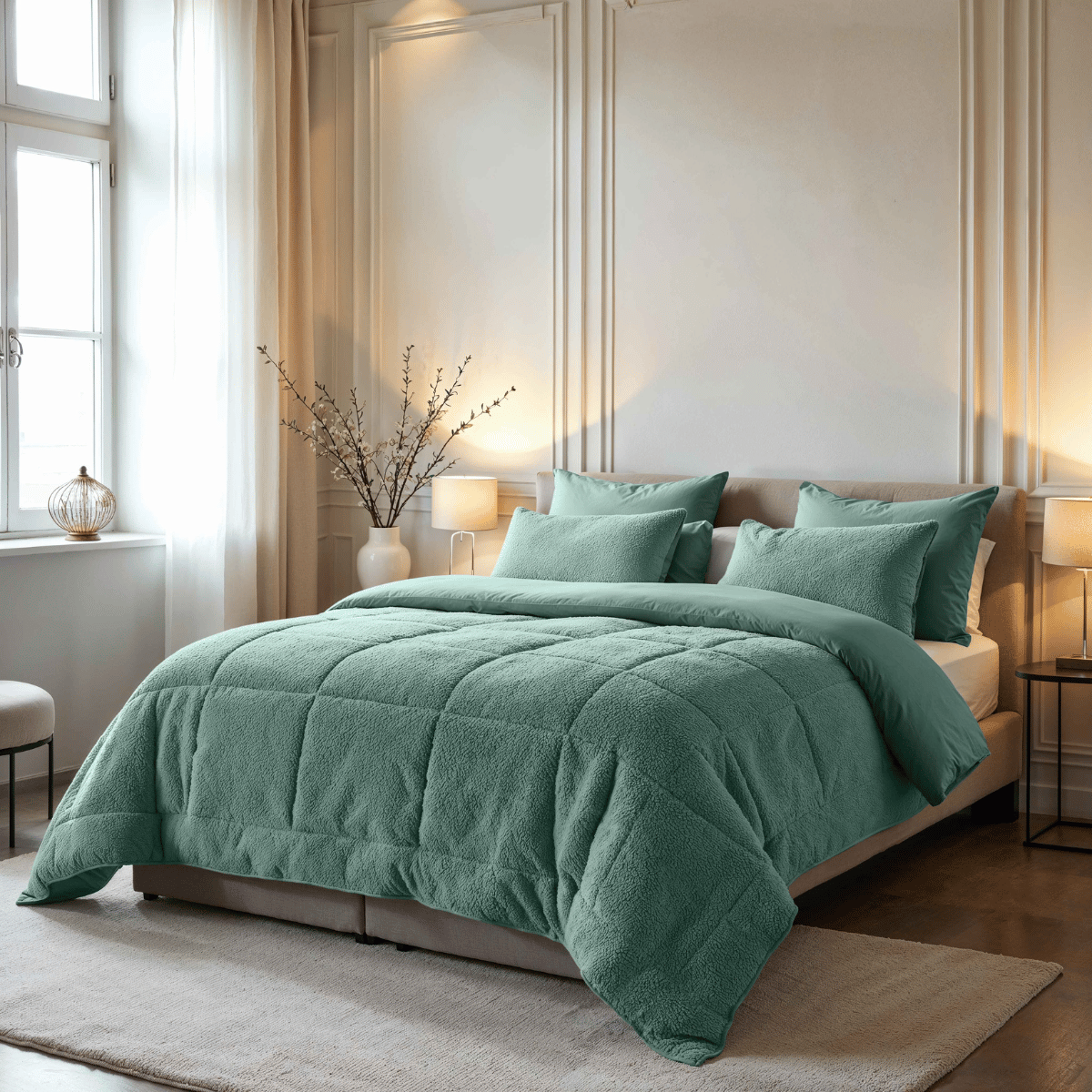 Een Zelesta Teddybed - Groen met een zachtgroen pluche dekbed en vier bijpassende kussens in een moderne, zacht verlichte slaapkamer met lichte muren, grote ramen en een minimale inrichting.