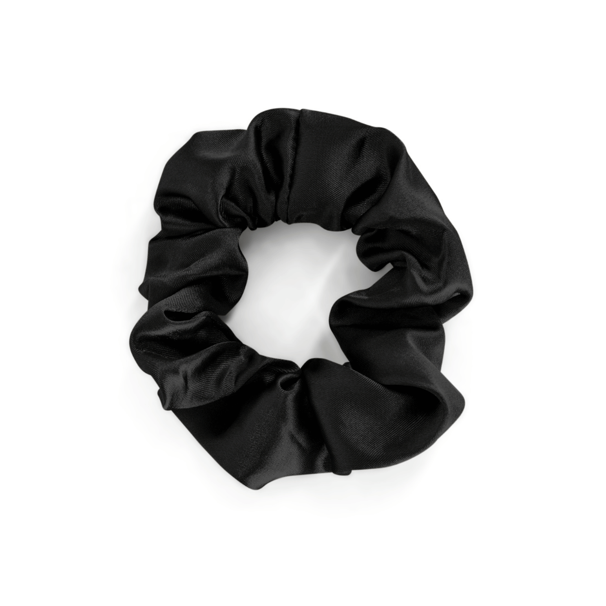 De Zelesta Sleeping Beauty Set - Universal Black heeft een zwarte satijnen scrunchie met een gerimpeld elastisch ontwerp, afgebeeld op een witte achtergrond - ideaal om te combineren met je Mulberry zijden kussensloop voor anti-aging haarverzorging.