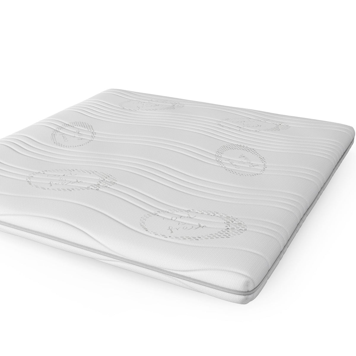 De Topdekmatras - Latex Schuim Cool Fresh Tijk heeft een wit, golvend structuuroppervlak met cirkelvormig borduursel voor drukverlagende ondersteuning, weergegeven op een effen witte achtergrond.