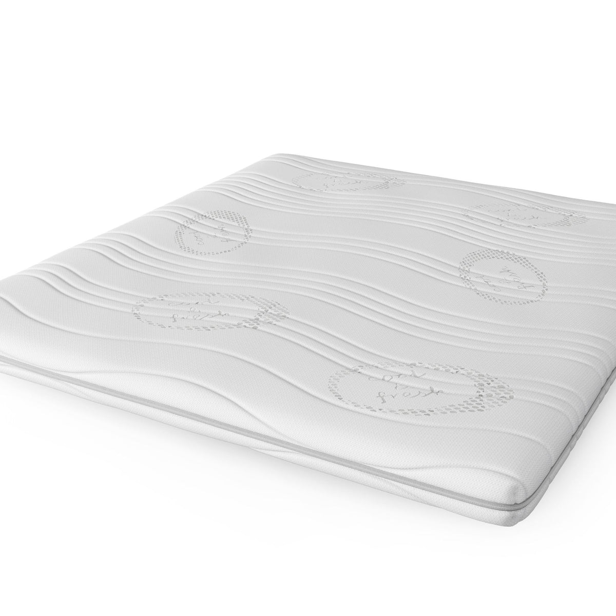 De Topdekmatras - Comfortschuim Cool Fresh Tijk heeft een wit oppervlak met golvende textuur en ronde gestikte patronen voor drukverlichting tegen een effen witte achtergrond.