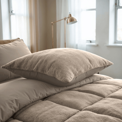 Het Zelesta Teddybed - Taupe rust op een netjes opgemaakt bed in een zacht verlichte slaapkamer met grote ramen en een staande lamp.