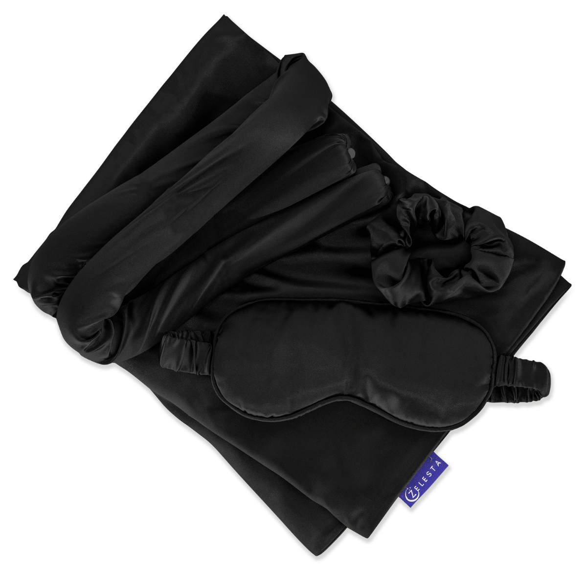 De Zelesta Sleeping Beauty Set - Universal Black, met een Mulberry zijden kussensloop, slaapmasker, scrunchie en haarbandjes, is elegant gerangschikt op een witte achtergrond - perfect voor een anti-aging slaaproutine.