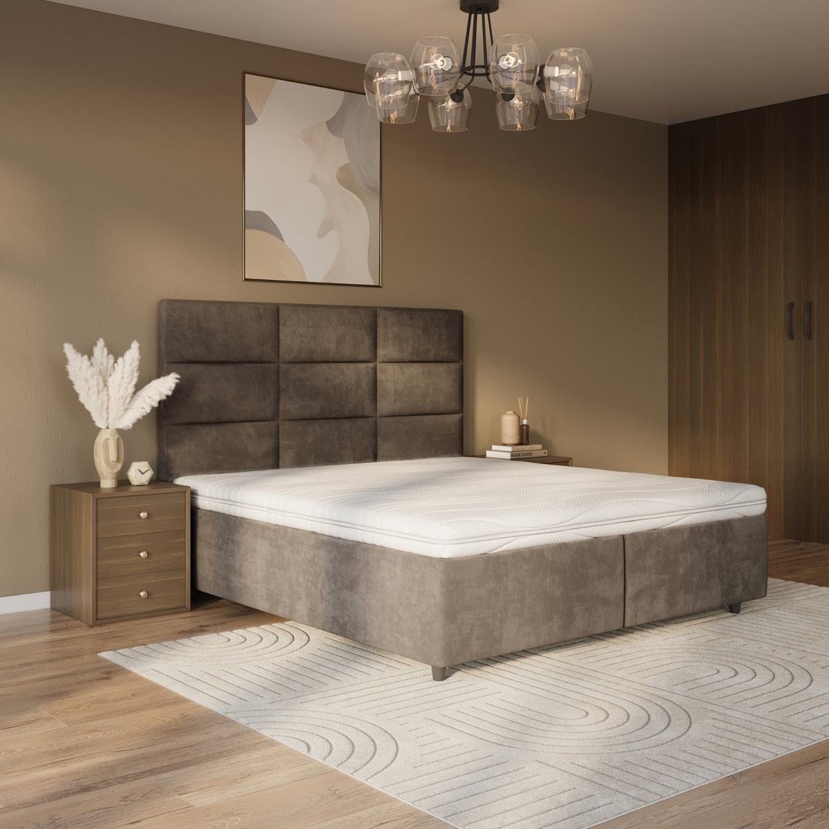 Een moderne slaapkamer met het Topdekmatras - Comfortschuim Bamboe Tijk bed, houten nachtkastje, decoratieve vaas, abstracte muurkunst en een vloerkleed met patroon op een houten vloer voor optimale drukverlichting.