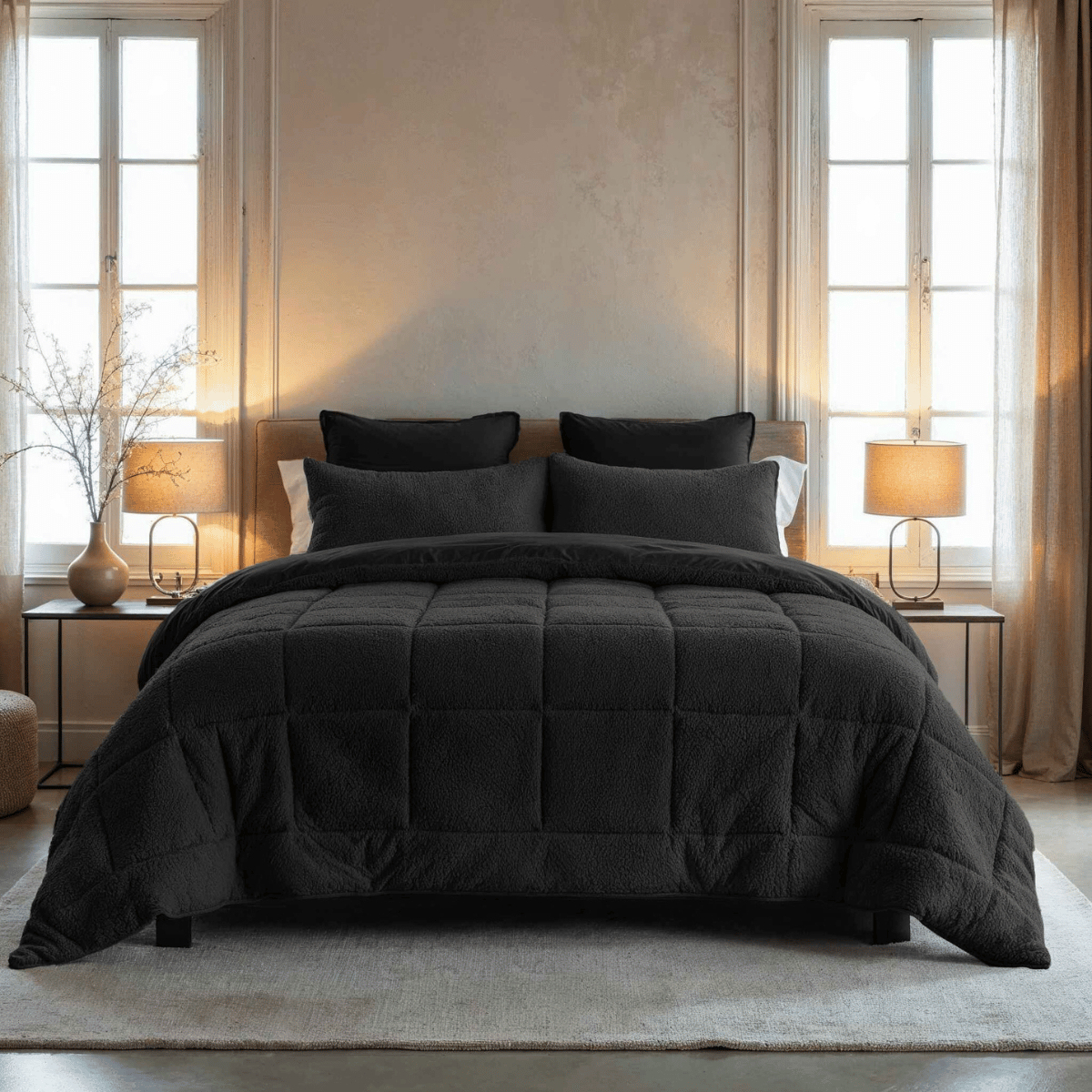 Een keurig opgemaakt bed met het Zelesta teddybed - Antraciet staat in het midden tussen twee ramen, geflankeerd door nachtkastjes met lampen in een zacht verlichte, neutraal getinte slaapkamer.
