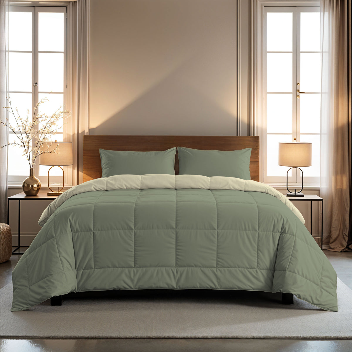 Een keurig opgemaakt bed met het Zelesta Comfort Duo Dekbed in olijfgroen & crème met bijpassende kussens, geflankeerd door twee nachtkastjes met lampen, in een zacht verlichte slaapkamer met hoge ramen en beige gordijnen.