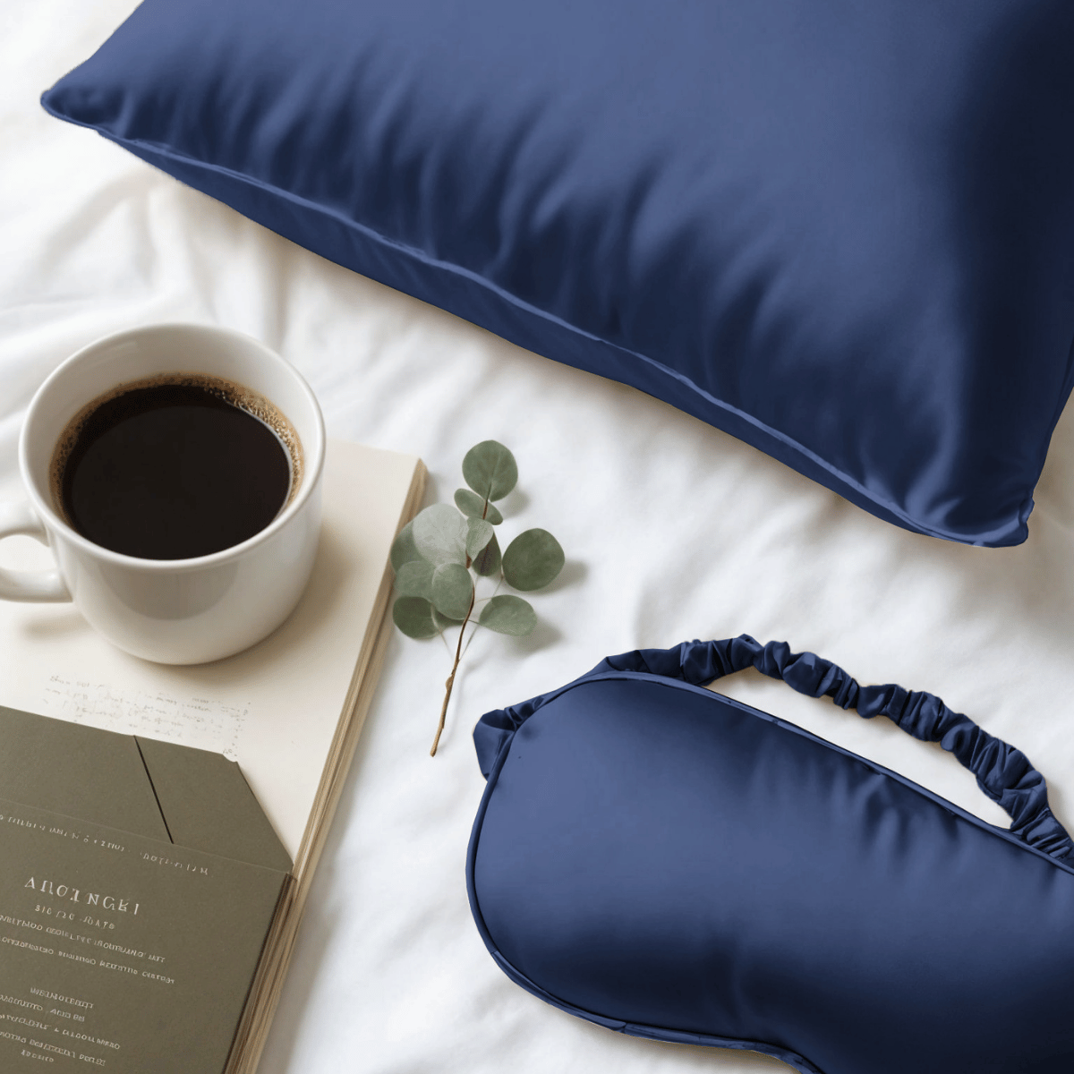 Een Zelesta Sleeping Beauty set - Bliss Blue kussensloop en slaapmasker rusten op een wit bed met zwarte koffie, een open boek en groen - perfect voor een anti-aging schoonheidsslaapje.