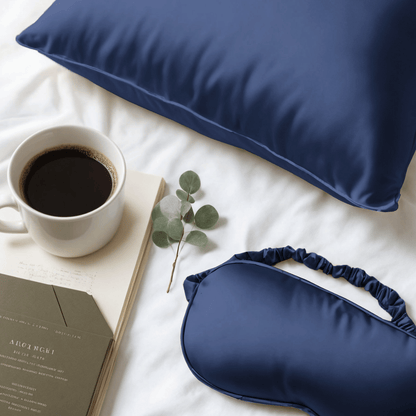 Een Zelesta Sleeping Beauty set - Bliss Blue kussensloop en slaapmasker rusten op een wit bed met zwarte koffie, een open boek en groen - perfect voor een anti-aging schoonheidsslaapje.