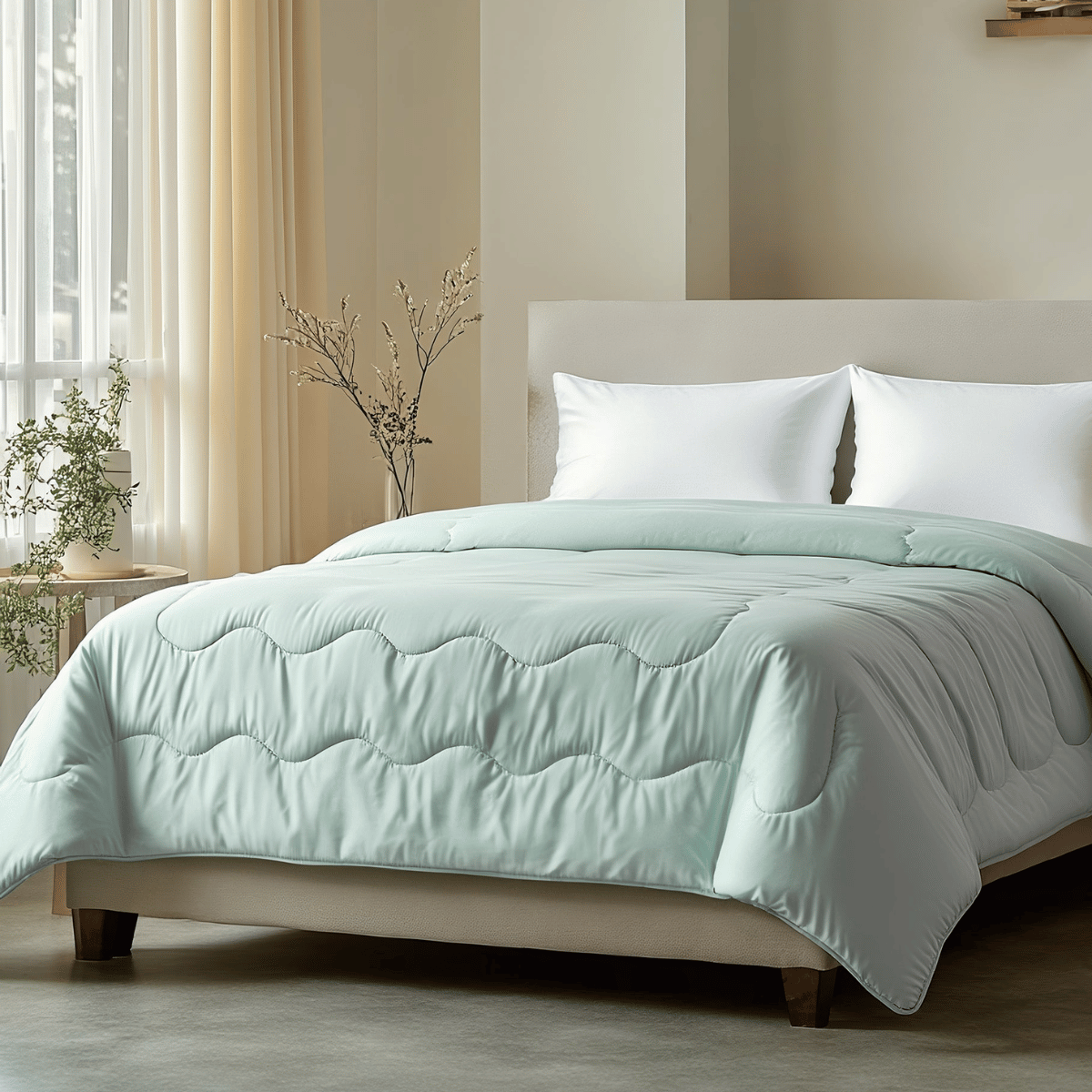 Een keurig opgemaakt bed met een mintgroene Zelesta Cooling Blanket en twee witte kussens in een zacht verlichte slaapkamer met lichte gordijnen en potplanten bij het raam.