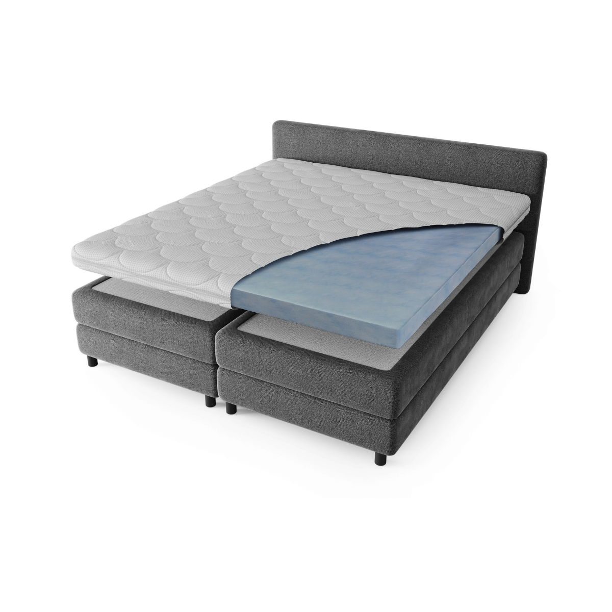 Grijs gestoffeerd bed met matras; in de voorste hoek is de blauwe schuimlaag van de Topdekmatras - Hybride Koudschuim Tencel Tijk weggeknipt, die drukverlagend comfort biedt onder de gewatteerde bovenlaag.