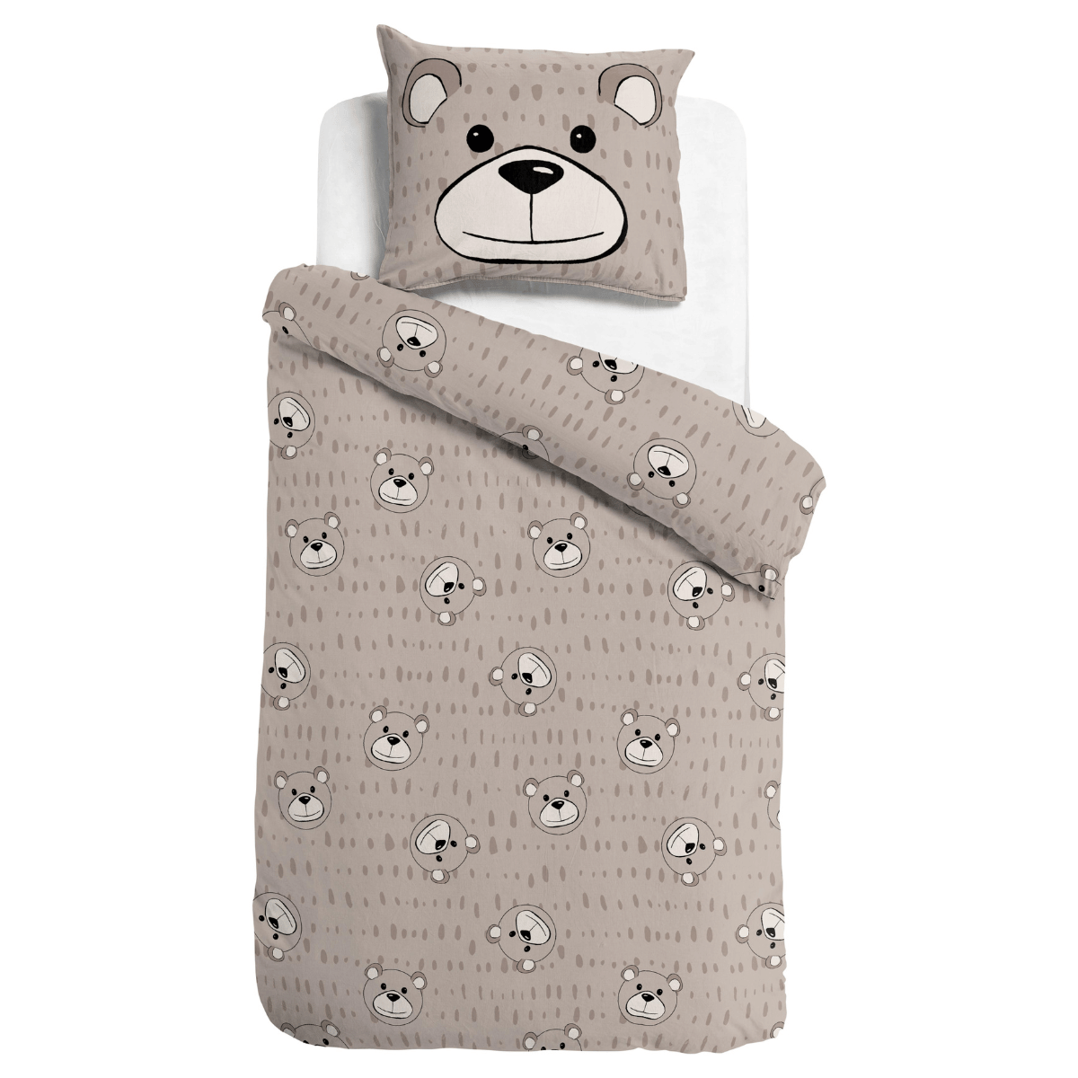 Het Zelesta Kiddybed - Happy Bear is een afwasbaar lits-jumeaux bed met beige beddengoed met cartoonbeergezichten en een bijpassend kussen met een groot berengezicht, dat temperatuurregulerend en anti-allergisch comfort biedt aan je kind.