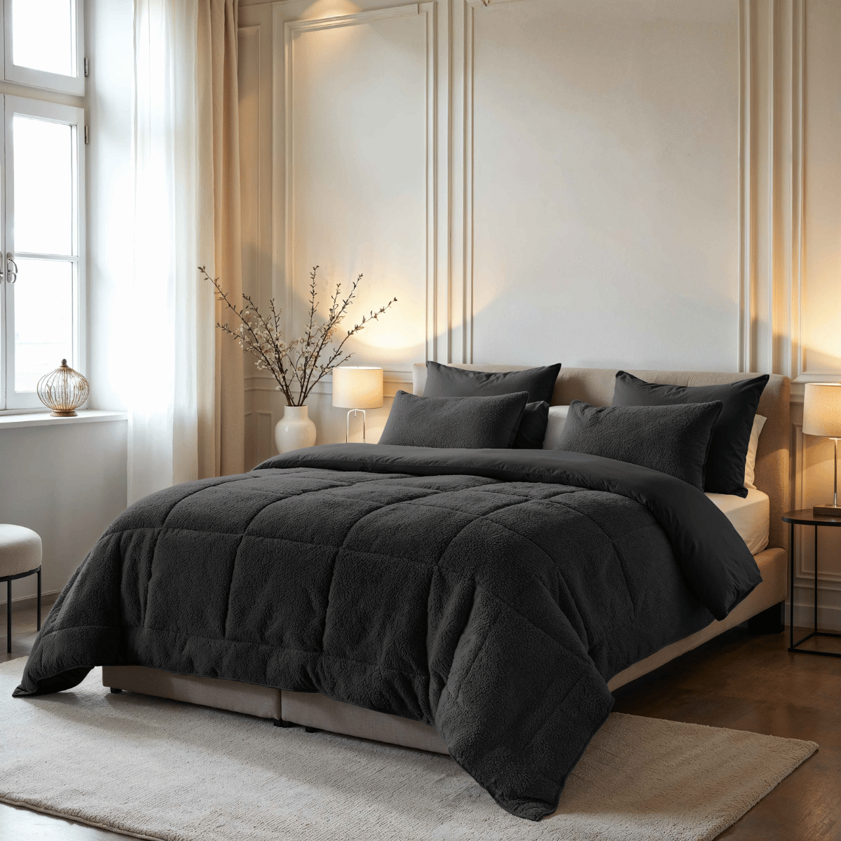 Een netjes opgemaakt bed met het Zelesta Teddybed - Antraciet en kussens in een zacht verlichte, moderne slaapkamer met beige muren, tapijt, lampen en een raam met transparante gordijnen.