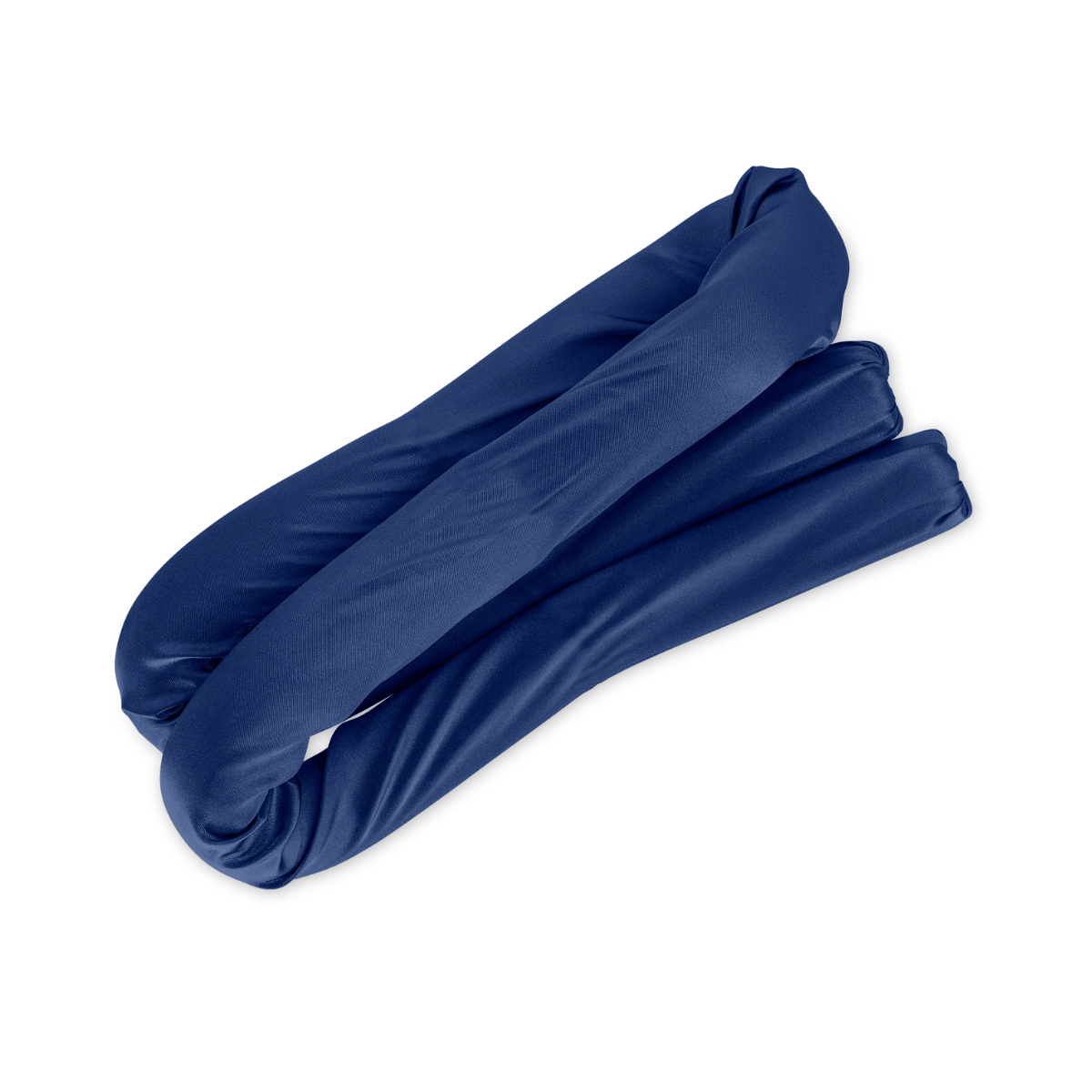 Een blauwe, met stof beklede flexibele staaf uit de Zelesta Sleeping Beauty Set - Bliss Blue, opgerold op een witte achtergrond - ideaal om te combineren met een Mulberry zijden kussensloop voor een luxe, anti-aging schoonheidsroutine.