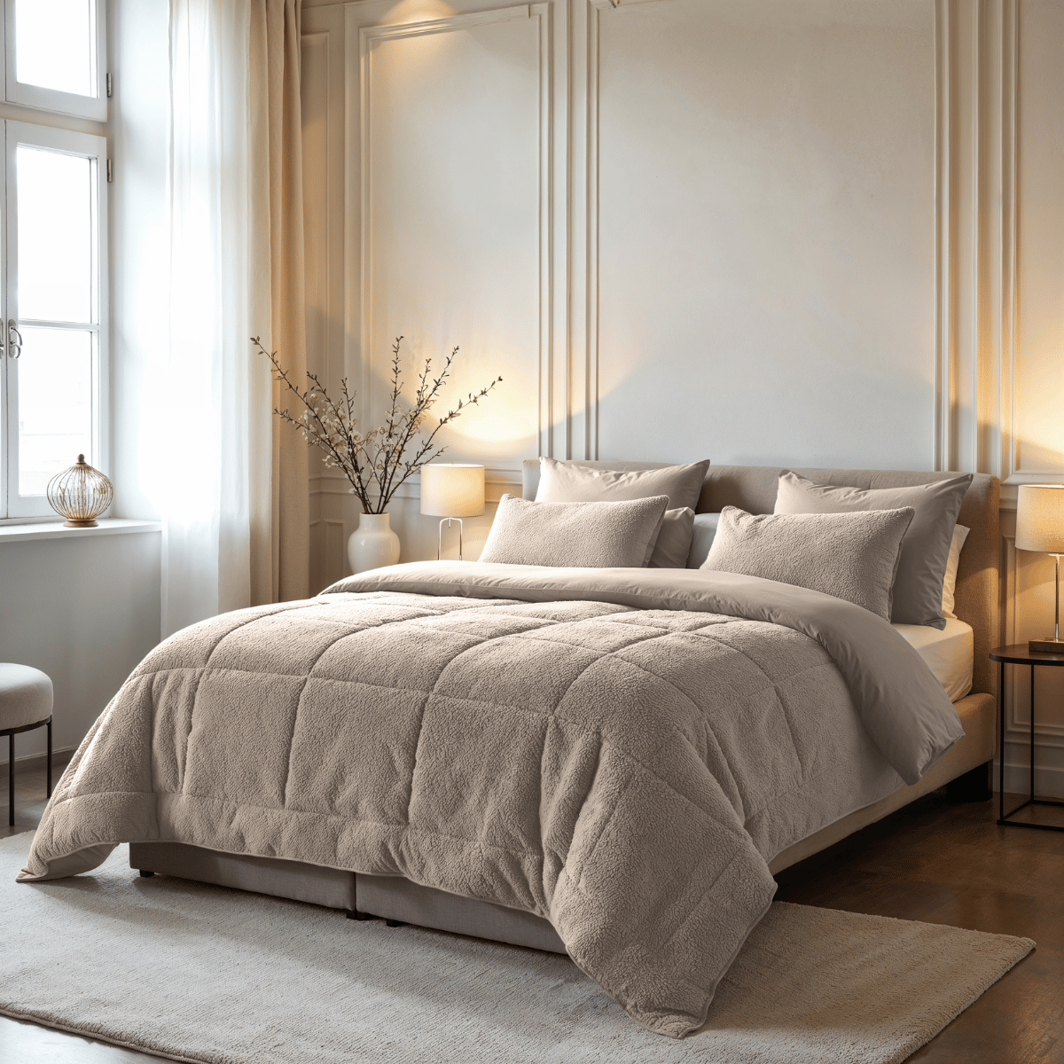 Een netjes opgemaakt bed met het Zelesta Teddybed - Taupe beddengoed en meerdere kussens in een zacht verlichte slaapkamer, met een vaas met takken, twee nachtkastjes en een groot raam met transparante gordijnen.
