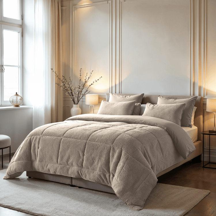 Een netjes opgemaakt bed met het Zelesta Teddybed - Taupe beddengoed en meerdere kussens in een zacht verlichte slaapkamer, met een vaas met takken, twee nachtkastjes en een groot raam met transparante gordijnen.