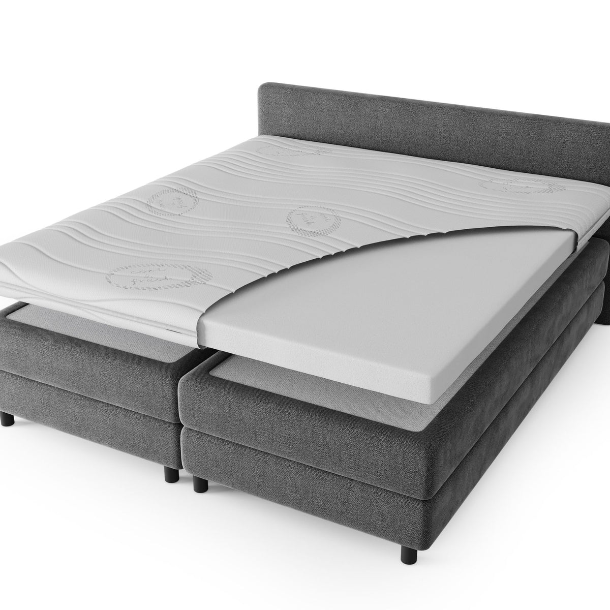 Een grijs gestoffeerd bed met een gesplitst Comfortschuim Topdekmatras - Cool Fresh Tijk; aan één kant ligt een witte traagschuim topper, waarvan de hoek naar achteren is geklapt om de schuimlaag eronder te onthullen voor extra drukverlichting.