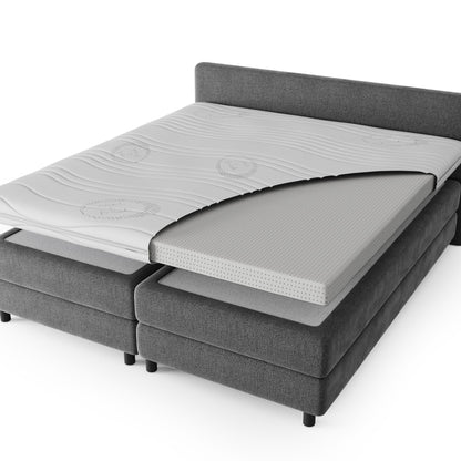 Een grijs gestoffeerd bed met een gedeeltelijk onbedekte matras toont de Topdekmatras - NASA Schuim Cool Fresh Tijk eronder, die optimale drukverlagende ondersteuning biedt.