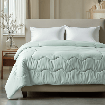 Een keurig opgemaakt bed met witte kussens en de Zelesta Cooling Blanket in mintgroen in een moderne, zacht verlichte slaapkamer. Op een houten nachtkastje staat een vaas met takken.