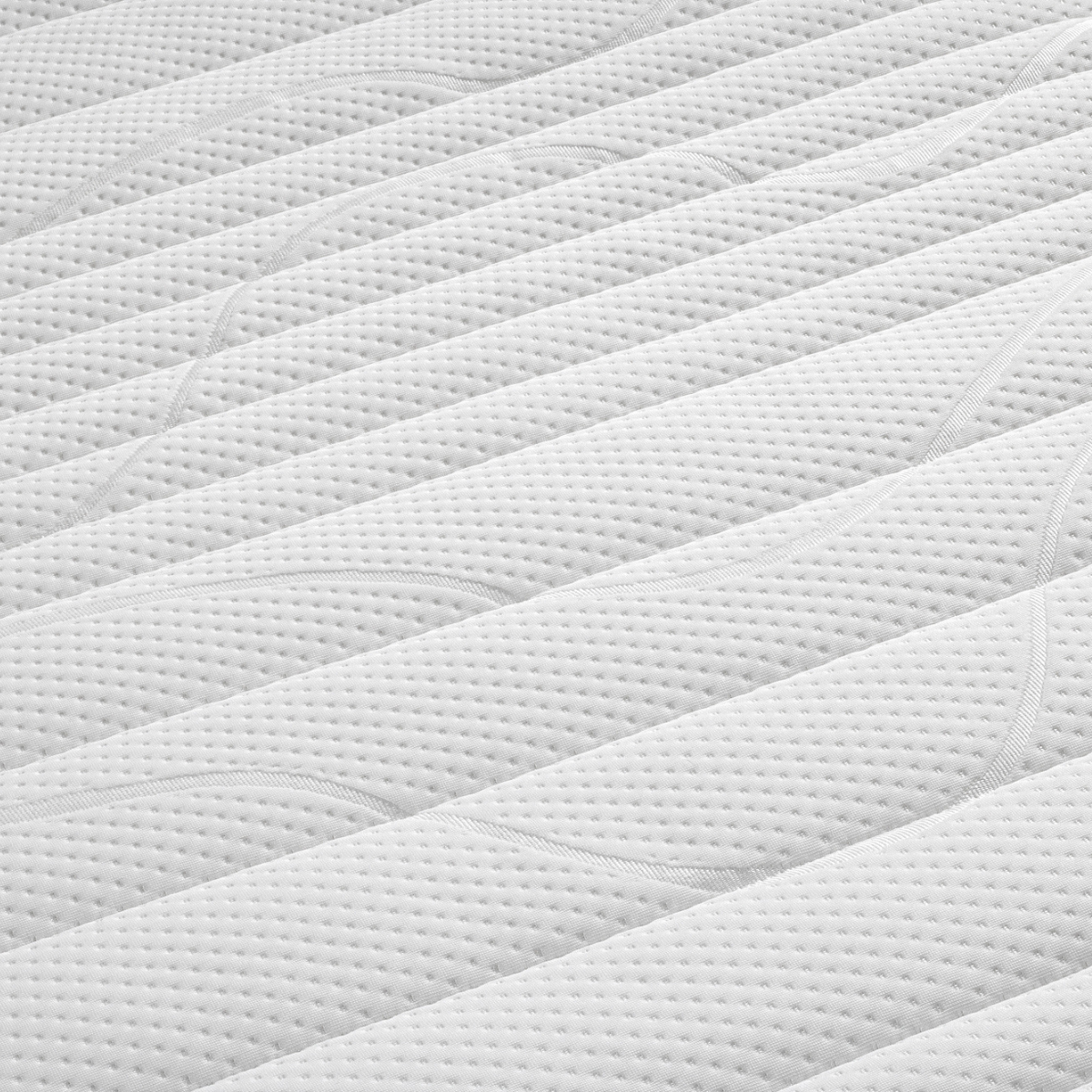 Close-up van het witte oppervlak van de Silver Line Topper - Hybrid Koudschuim met golvende patronen en kleine verhoogde stippen, gemaakt van natuurlijke materialen voor een gezonde slaapomgeving.