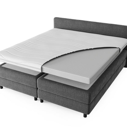 Het Topdekmatras - Latex Schuim Aloë Vera Tijk heeft een donkergrijs gestoffeerd bed met een gedeeltelijk zichtbare witte, getextureerde schuimlaag van latex, die drukverlagende ondersteuning biedt voor extra comfort.