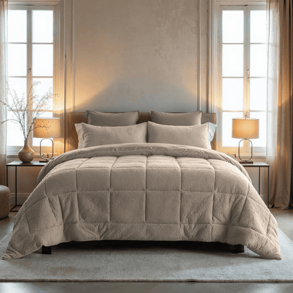 Een Zelesta Teddybed - Taupe met een beige pluche dekbed en kussens staat in het midden tussen twee ramen, geflankeerd door bijpassende nachtkastjes en lampen, in een zacht verlichte, neutraal getinte slaapkamer.