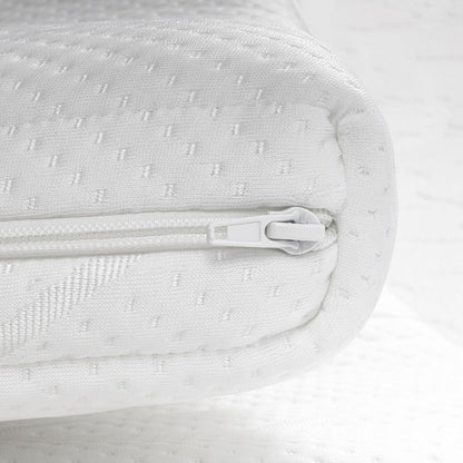 Close-up van de Silver Line Topper - NASA Traagschuim, met een witte hoes met textuur en zichtbare rits, ontworpen om gezond te slapen en drukverlagende ondersteuning te bieden.