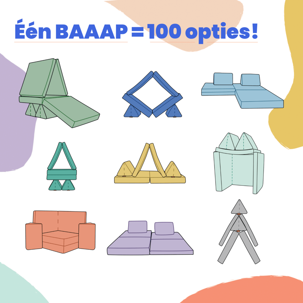 Negen bank- en meubelopstellingen gemaakt van BAAAP - De geliefde speelbank - Emerald Green modulair schuim, perfect voor ruimtelijk inzicht en urenlang speelplezier. Eén BAAAP = 100 opties! staat bovenaan.