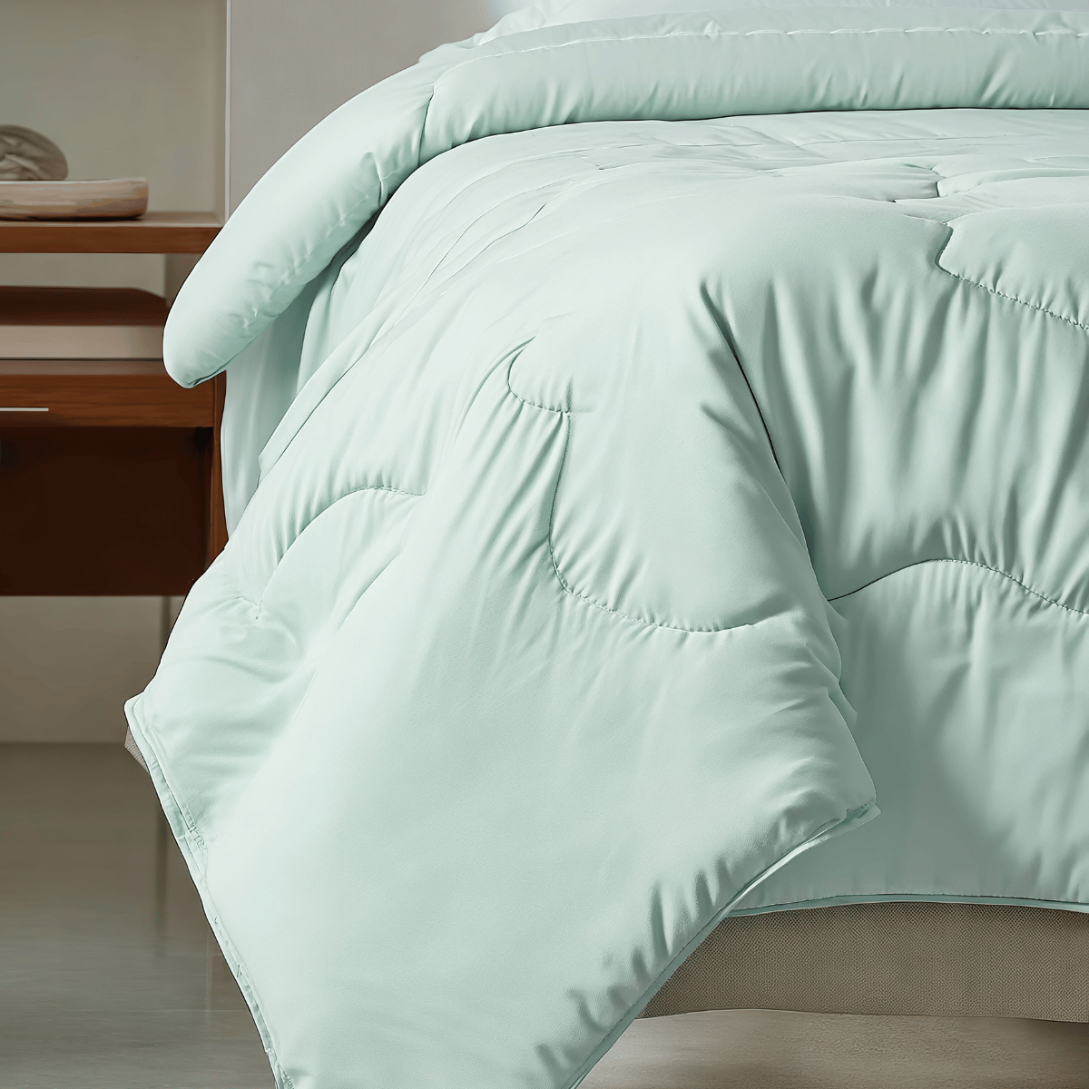Een close-up van de Zelesta Cooling Blanket in Mint Green, netjes gedrapeerd op een bed met een deel van een nachtkastje zichtbaar, benadrukt het hypoallergene ontwerp.