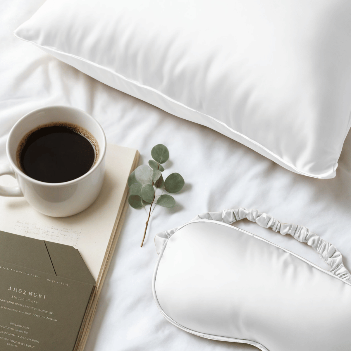 Een kop zwarte koffie, een boek en eucalyptus rusten op een bed met een wit kussen en de Zelesta Sleeping Beauty Set - Wonderful White, die een anti-aging Mulberry zijden kussensloop en een witte slaapmasker bevat.