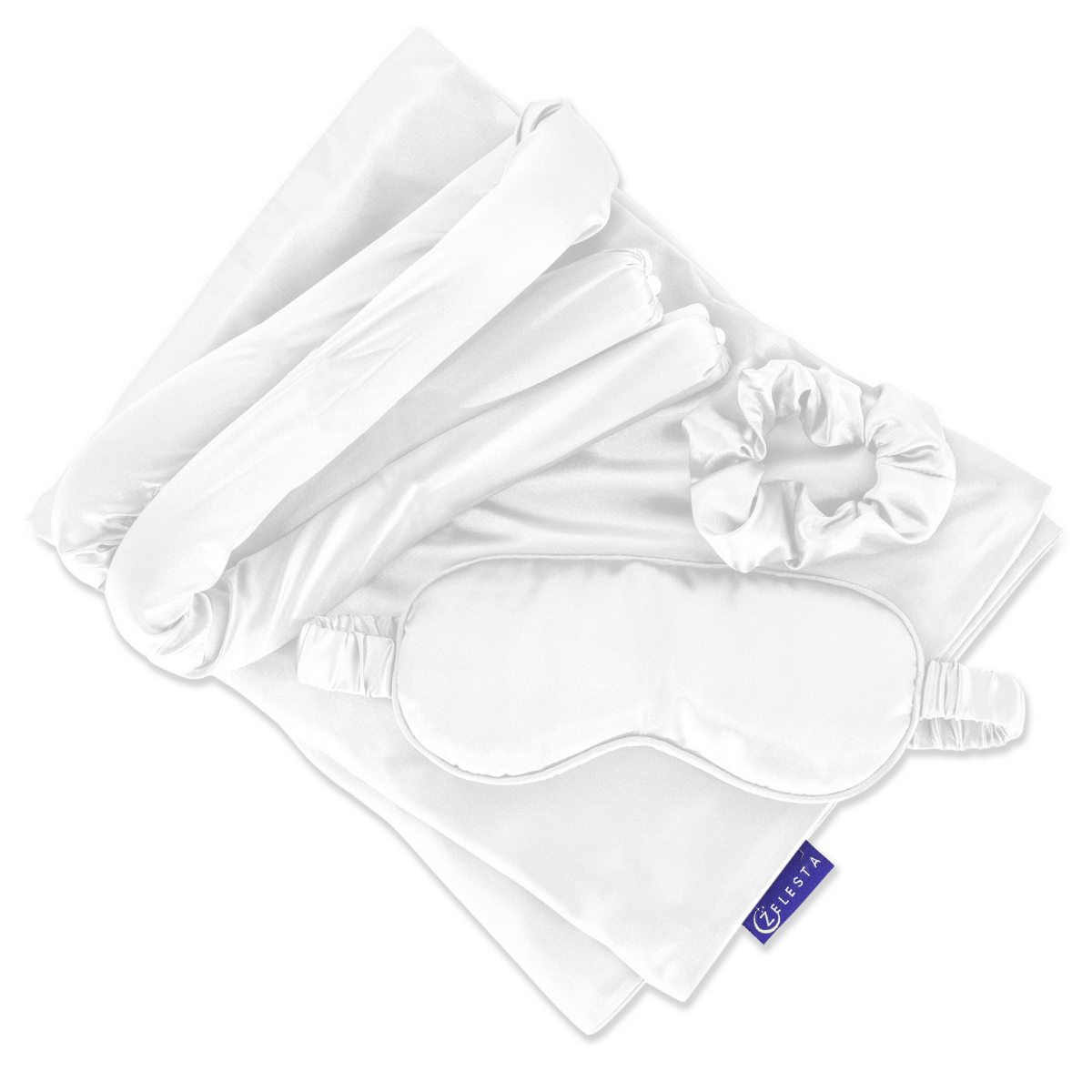 De Zelesta Sleeping Beauty Set - Wonderful White bestaat uit een kussensloop van moerbeizijde, slaapmasker, scrunchie en een onderlaken met een blauw merklabel, gemaakt voor luxueus comfort en anti-verouderingsvoordelen.
