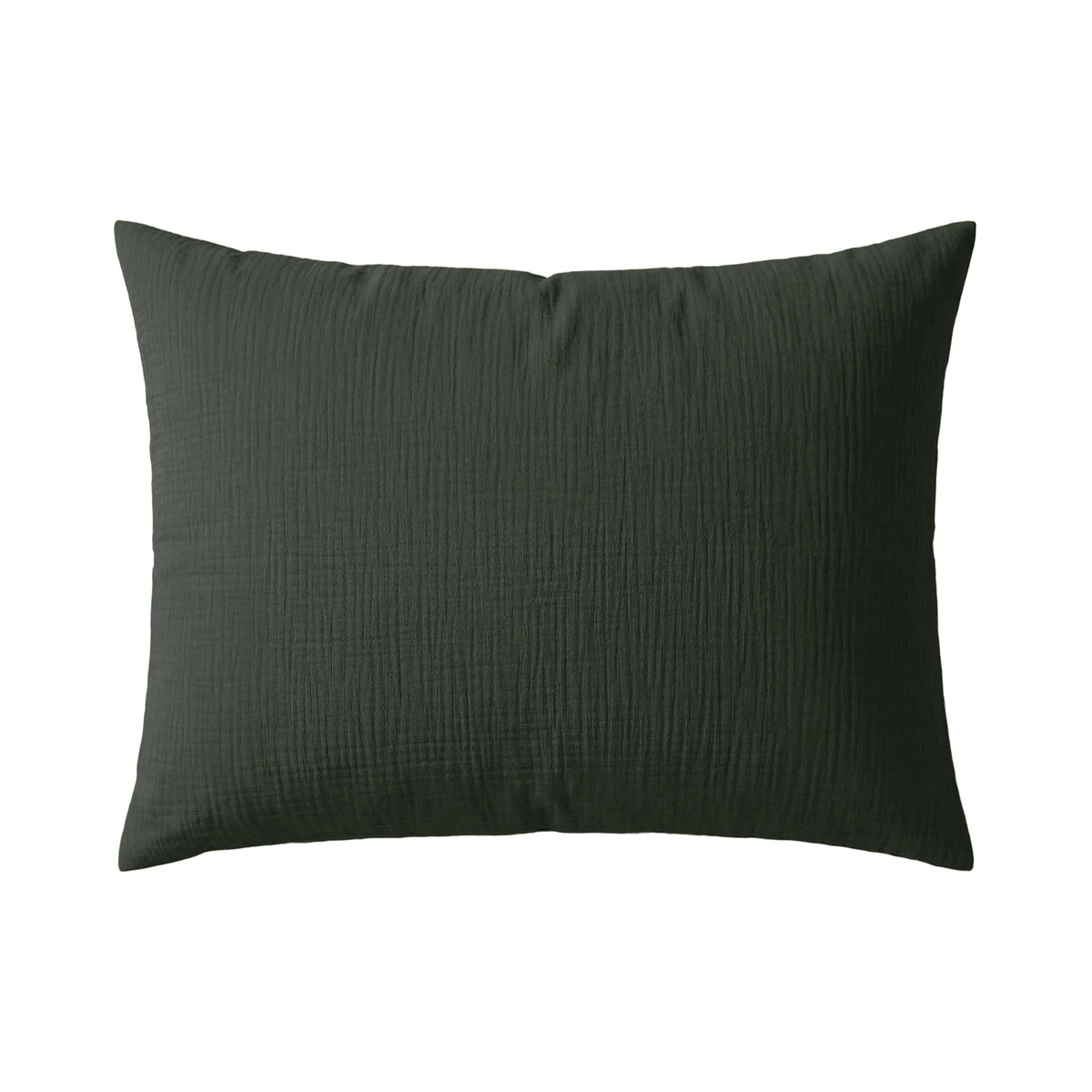 Een set van twee donkergroene Japandibed Katoen Mousseline kussenslopen, met een zachte textuur, wordt weergegeven tegen een effen witte achtergrond - perfect om comfort en Japandi stijl aan je bed toe te voegen.