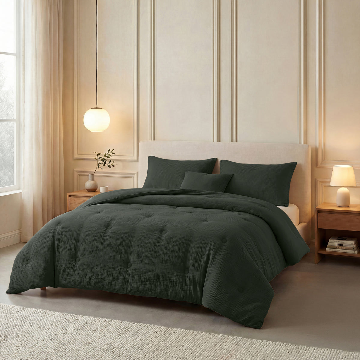 Een netjes opgemaakt bed met de Zelesta Japandibed Katoen Mousseline - Groen, twee grote kussens en een klein kussen staat tussen houten nachtkastjes met lampen in een zacht verlichte, minimalistische slaapkamer.