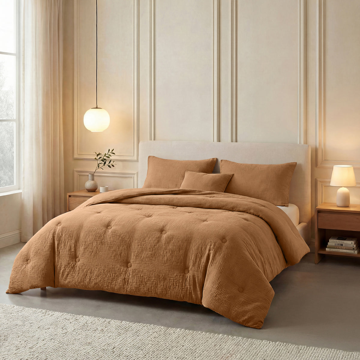 Een netjes opgemaakt bed met het Zelesta Japandibed Katoen Mousseline - Terra, twee kussens en een kussen, geflankeerd door houten nachtkastjes met lampen, in een lichte moderne slaapkamer.