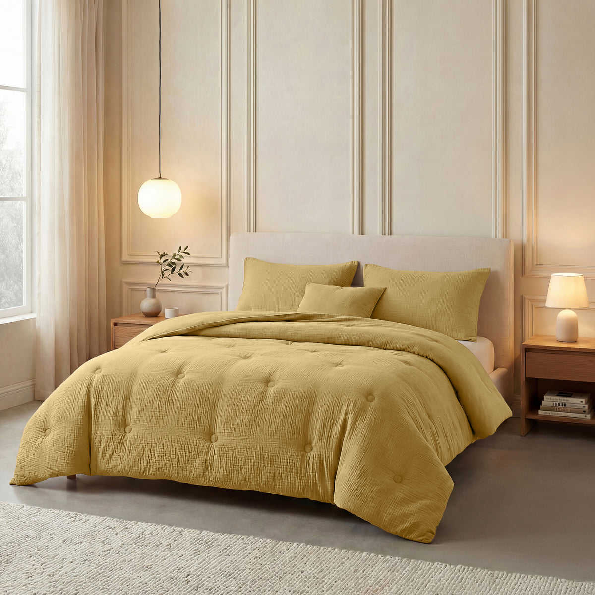 Een moderne slaapkamer heeft een keurig opgemaakt bed met de Zelesta Japandibed Katoen Mousseline in oker, tegen beige muren, geflankeerd door twee houten nachtkastjes en badend in zachte verlichting.
