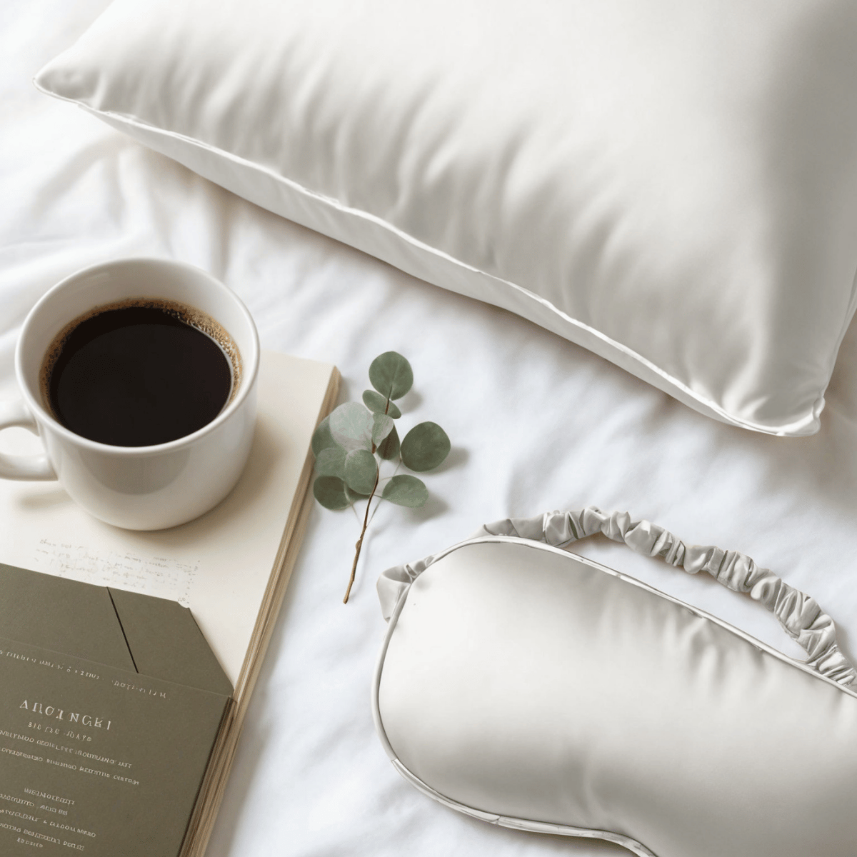De Zelesta Sleeping Beauty Set in Pearl White staat op een wit bed, vergezeld van een kop zwarte koffie, boeken en een takje eucalyptus.